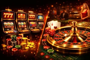 Juegos disponibles en Pin Up Casino con tragamonedas, jackpots, ruleta, cartas y fichas, combinando slots modernos y juegos de mesa clásicos en un entorno de casino elegante.